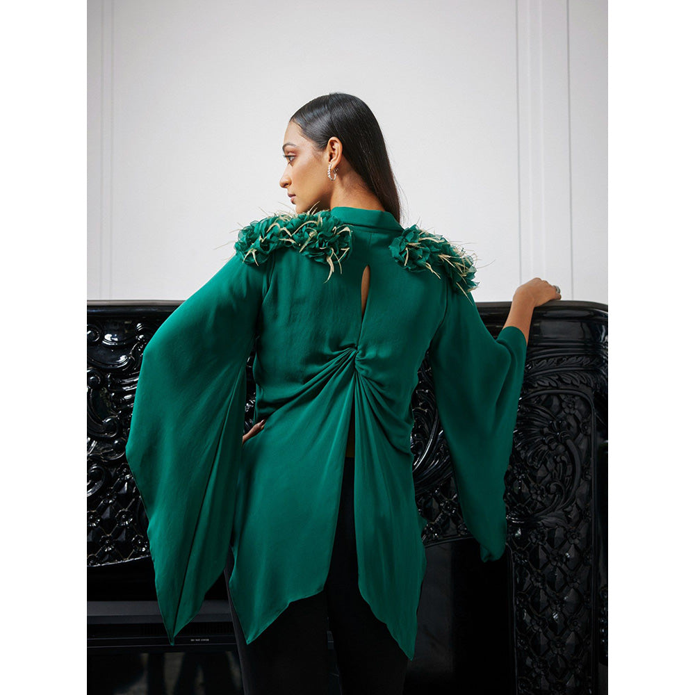 LABEL RUHBAB Silk Georgette 3D Organza Feather & Crystal Embroidery Top