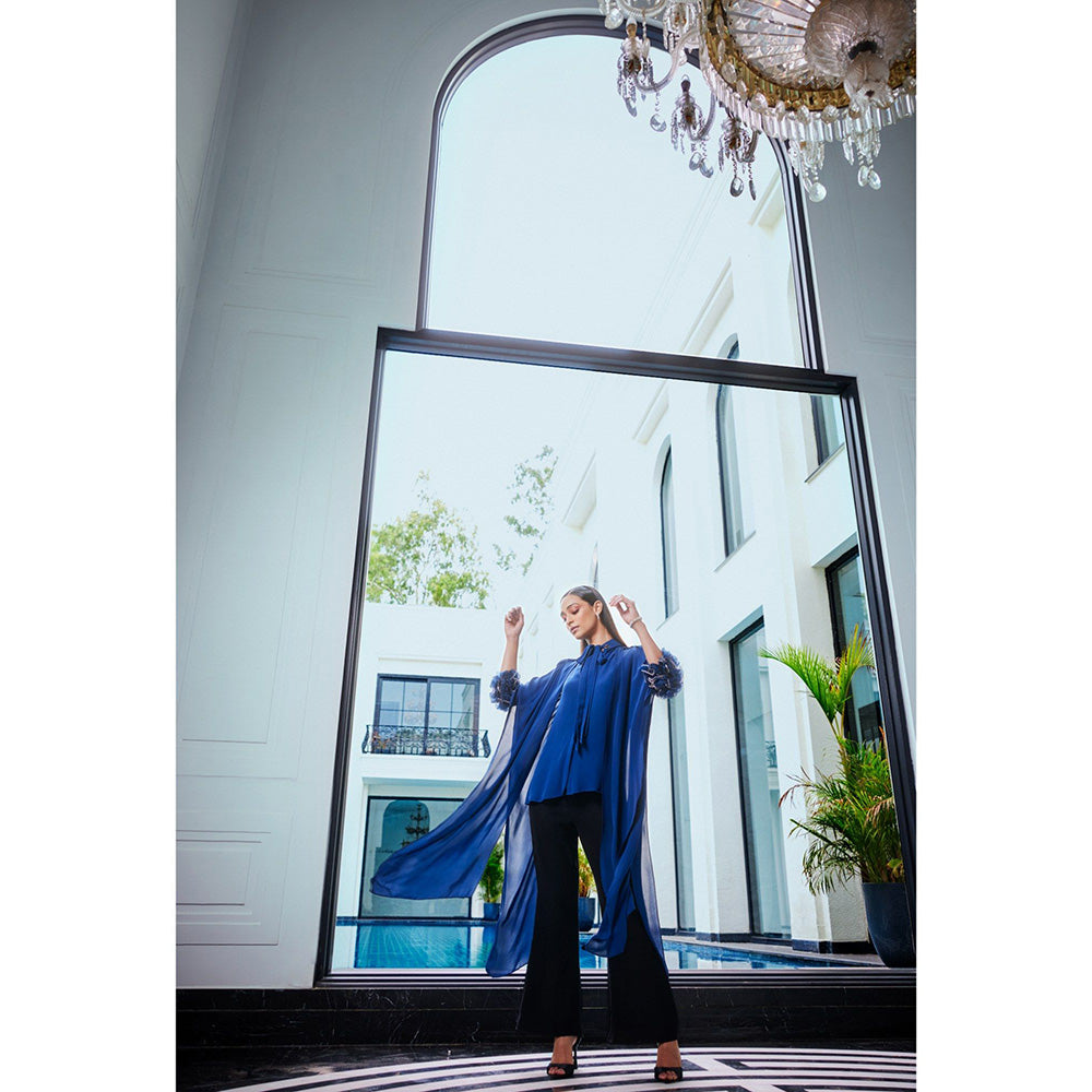 LABEL RUHBAB Premium Silk Georgette Draped 3D Organza Feather & Crystal Embroidery Top