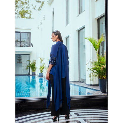 LABEL RUHBAB Premium Silk Georgette Draped 3D Organza Feather & Crystal Embroidery Top