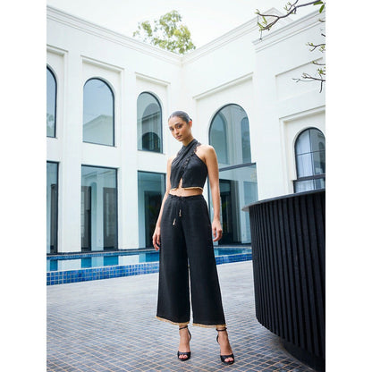 LABEL RUHBAB Sequin Jute Hand Embroidery Linen Halter Top and Pant (Set of 2)