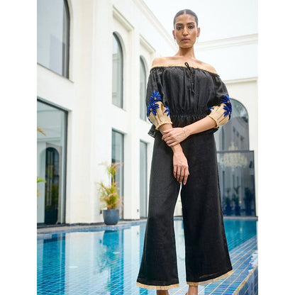 LABEL RUHBAB 3D Jute Thread & Crystal Embroidery Top and Pant (Set of 2)