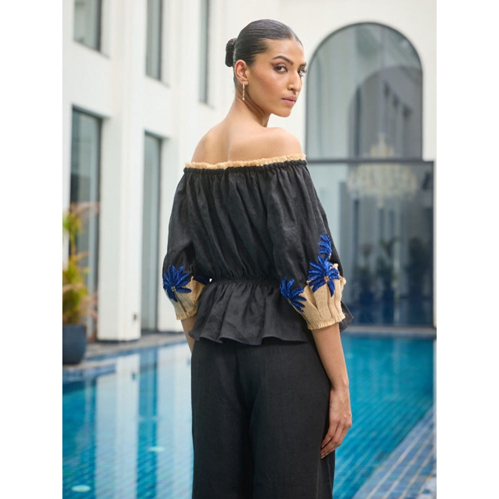 LABEL RUHBAB 3D Jute Thread & Crystal Embroidery Top and Pant (Set of 2)