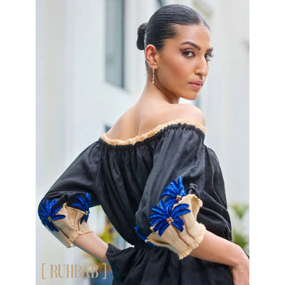 LABEL RUHBAB 3D Jute Thread & Crystal Embroidery Top and Pant (Set of 2)