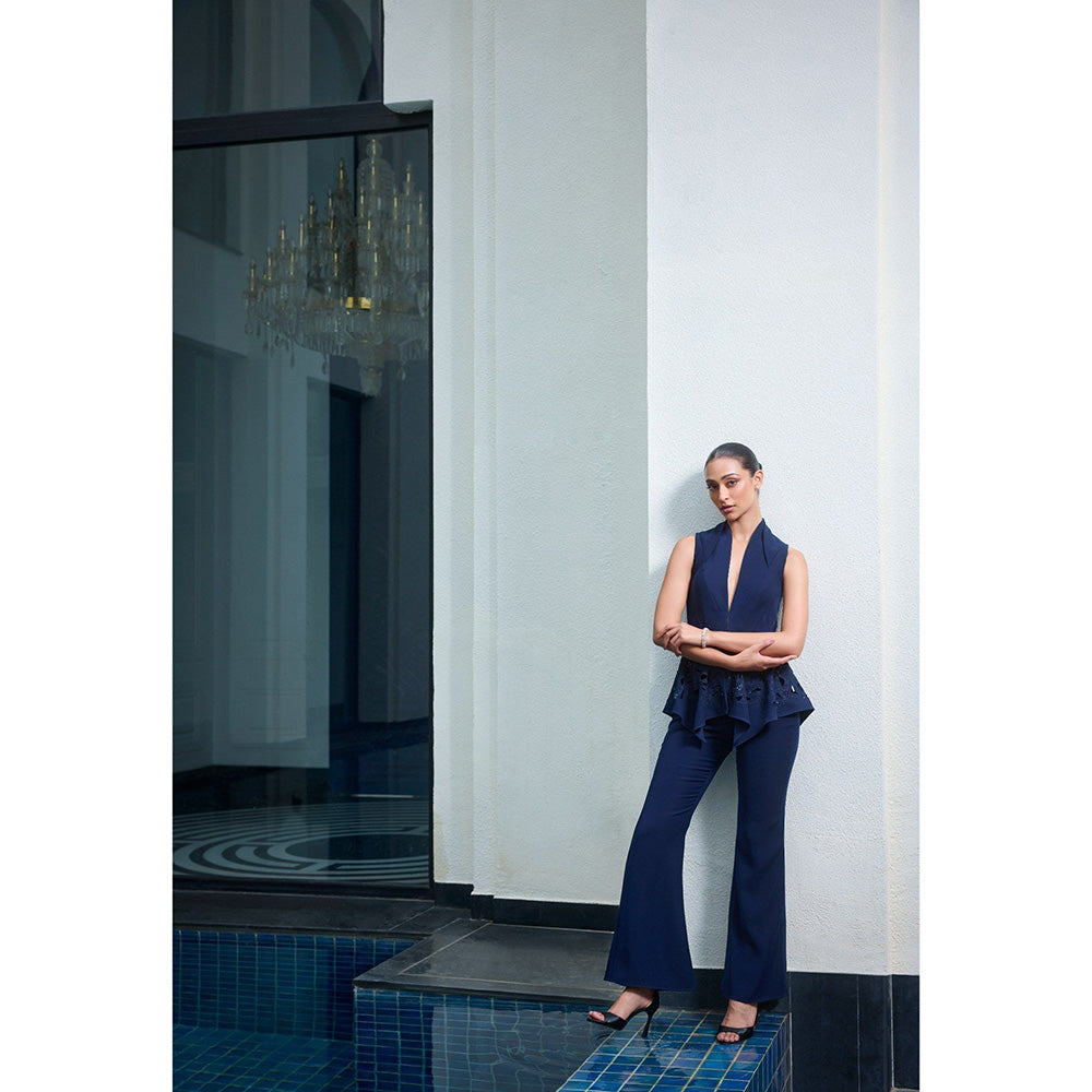 LABEL RUHBAB Panelled Collar Peplum Top and Pant (Set of 2)