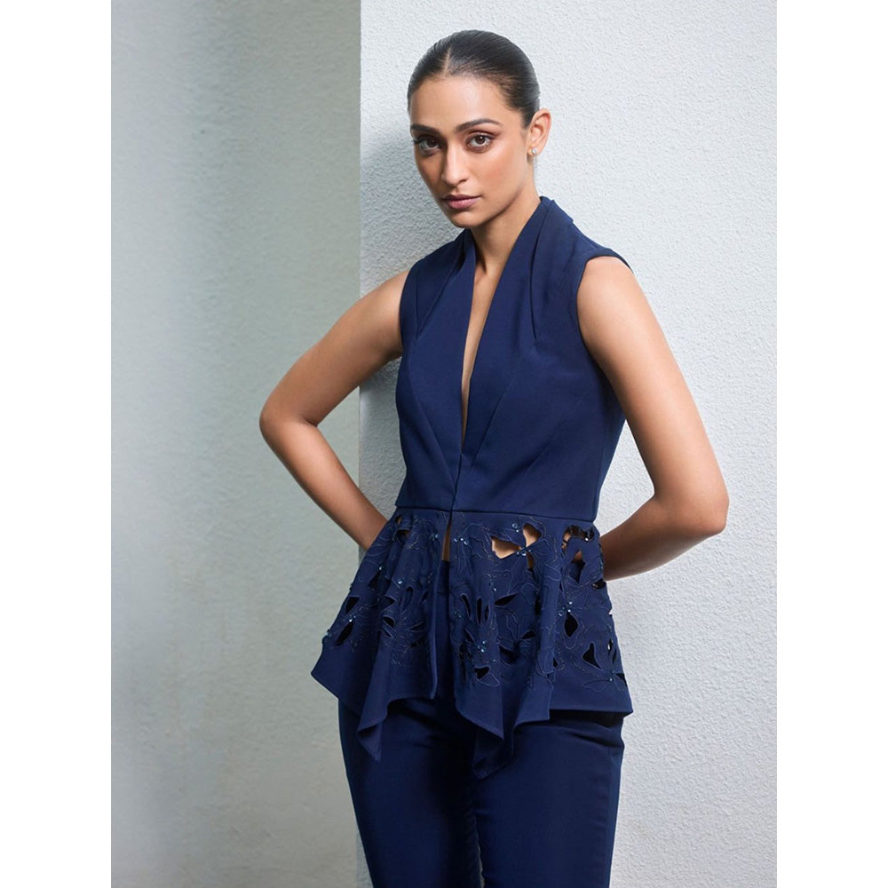 LABEL RUHBAB Panelled Collar Peplum Top and Pant (Set of 2)