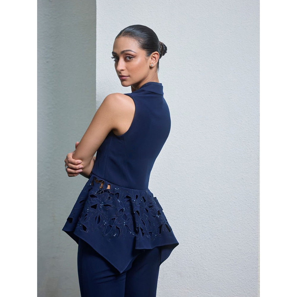 LABEL RUHBAB Panelled Collar Peplum Top and Pant (Set of 2)