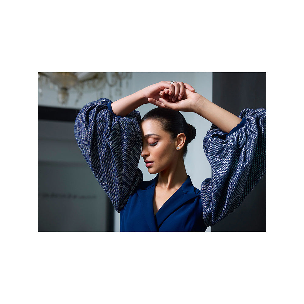 LABEL RUHBAB Blue Blazer Draped Balloon Sleeves Dress