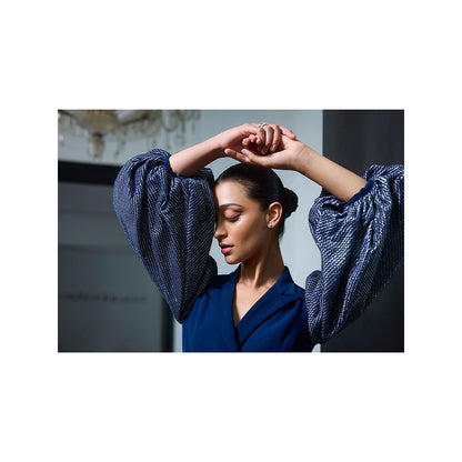 LABEL RUHBAB Blue Blazer Draped Balloon Sleeves Dress