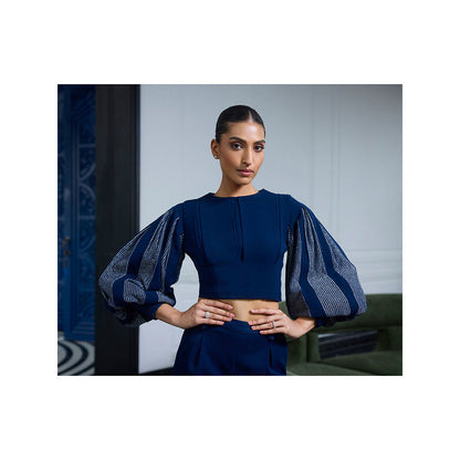 LABEL RUHBAB Draped Panelled Balloon Sleeves Crop Top and Pant (Set of 2)