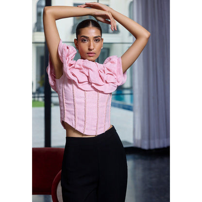 LABEL RUHBAB Draped Off Shoulder Hand Embroidered Sequin, Crystal & Beads Corset Top