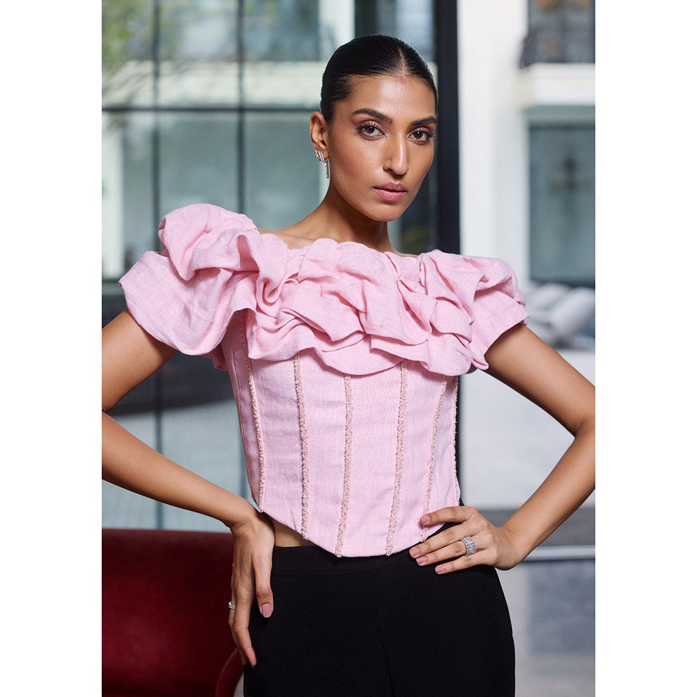 LABEL RUHBAB Draped Off Shoulder Hand Embroidered Sequin, Crystal & Beads Corset Top