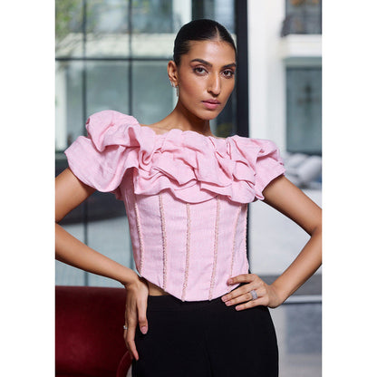 LABEL RUHBAB Draped Off Shoulder Hand Embroidered Sequin, Crystal & Beads Corset Top