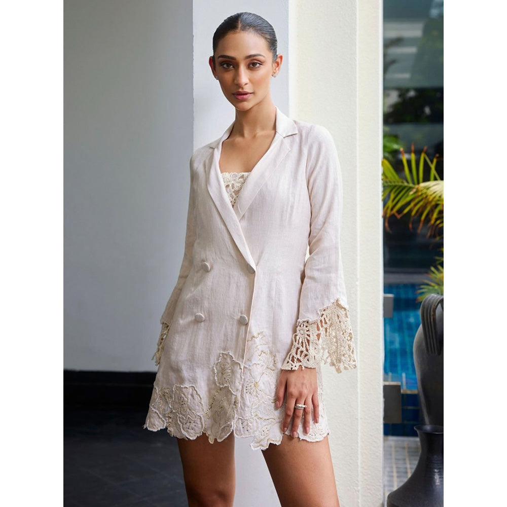 LABEL RUHBAB Crochet Applique & Thread Embroidery Blazer Dress