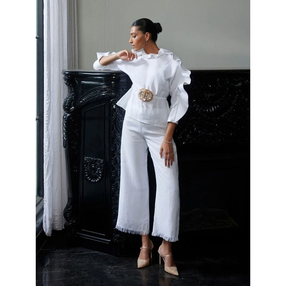 LABEL RUHBAB Draped Elaborate Ruffle Top and Pant (Set of 2)