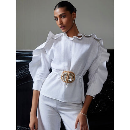 LABEL RUHBAB Draped Elaborate Ruffle Top and Pant (Set of 2)