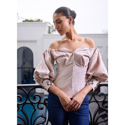 LABEL RUHBAB Linen Blend Off Shoulder 3D Sequin Hand Embroidered Cuffs Corset Top