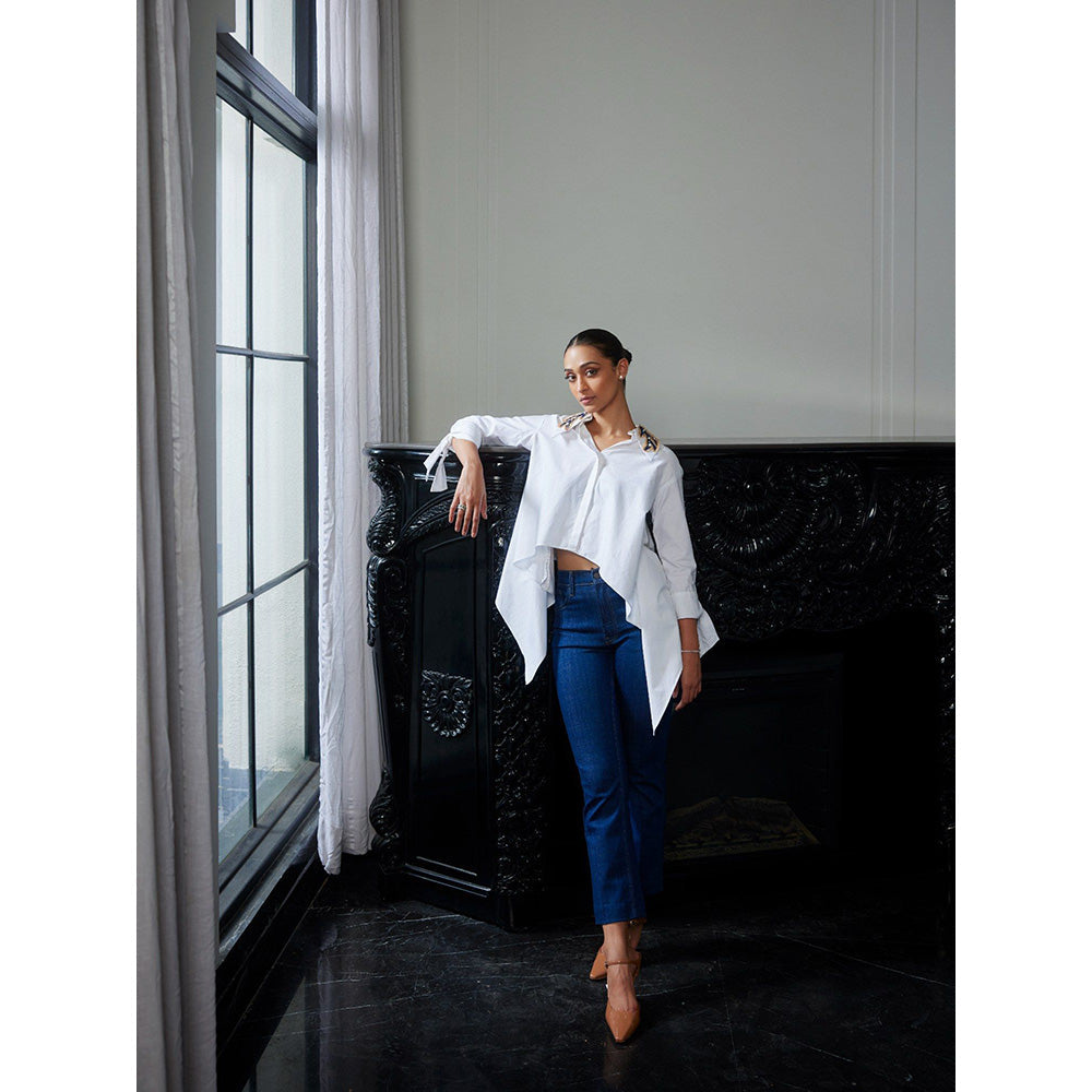 LABEL RUHBAB Draped Embroidered Collar Neck