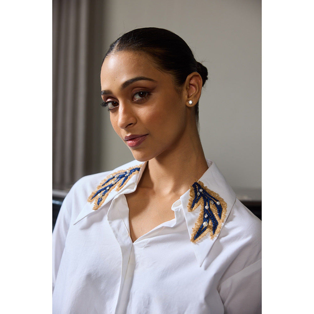 LABEL RUHBAB Draped Embroidered Collar Neck