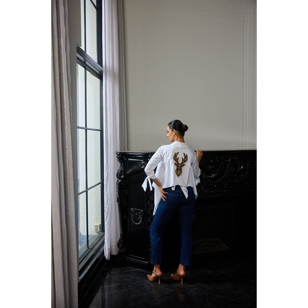 LABEL RUHBAB Draped Embroidered Collar Neck