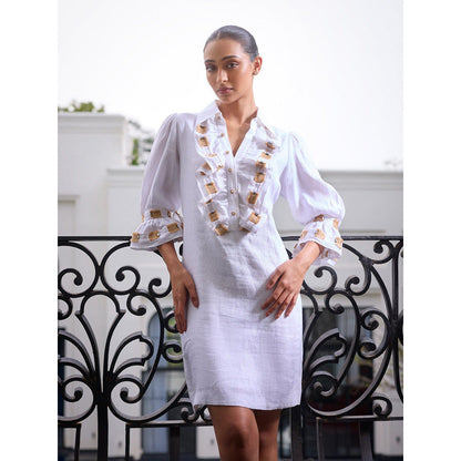 LABEL RUHBAB Elaborate Ruffled Yoke Embroidered Jute & Crystal Dress