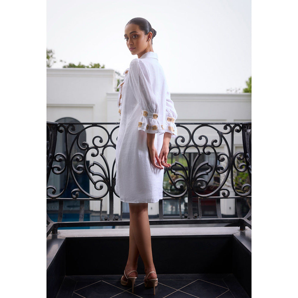 LABEL RUHBAB Elaborate Ruffled Yoke Embroidered Jute & Crystal Dress