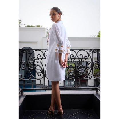 LABEL RUHBAB Elaborate Ruffled Yoke Embroidered Jute & Crystal Dress