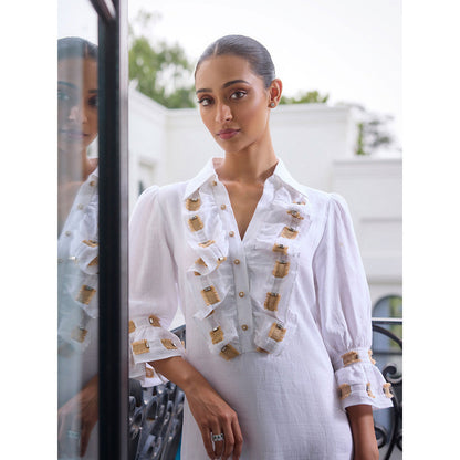 LABEL RUHBAB Elaborate Ruffled Yoke Embroidered Jute & Crystal Dress