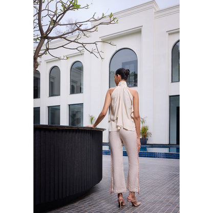 LABEL RUHBAB Linen Hand Embroidered Pearls Pant