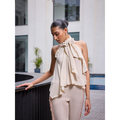 LABEL RUHBAB Silk Crepe Draped Tie-Up Bow Halter Neck Top