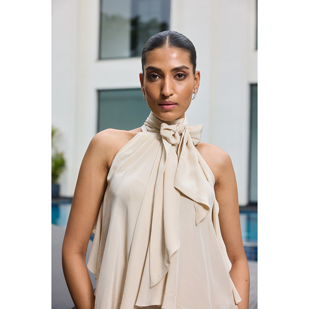 LABEL RUHBAB Silk Crepe Draped Tie-Up Bow Halter Neck Top