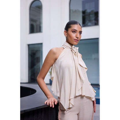 LABEL RUHBAB Silk Crepe Draped Tie-Up Bow Halter Neck Top