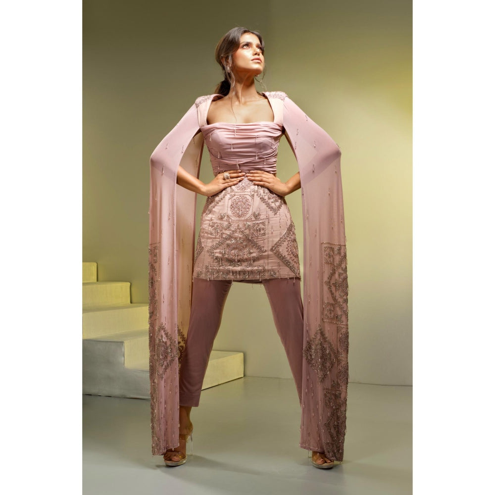 Label Suravika S Mauve Embellished/Sequined Athena Cape Sleeve Kurta with Legging (Set of 2)