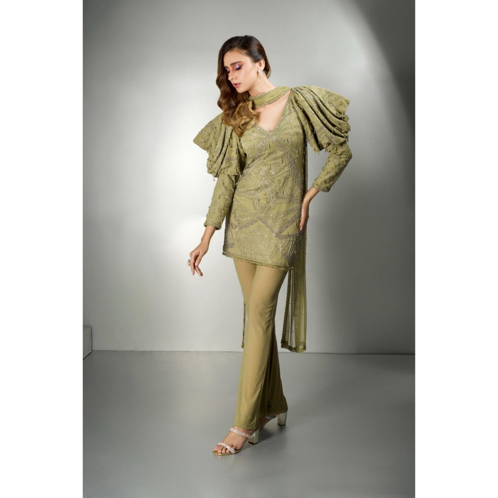 Label Suravika S Olive Embellished/Sequined Olivia Tunic with Pant and Dupatta (Set of 3)