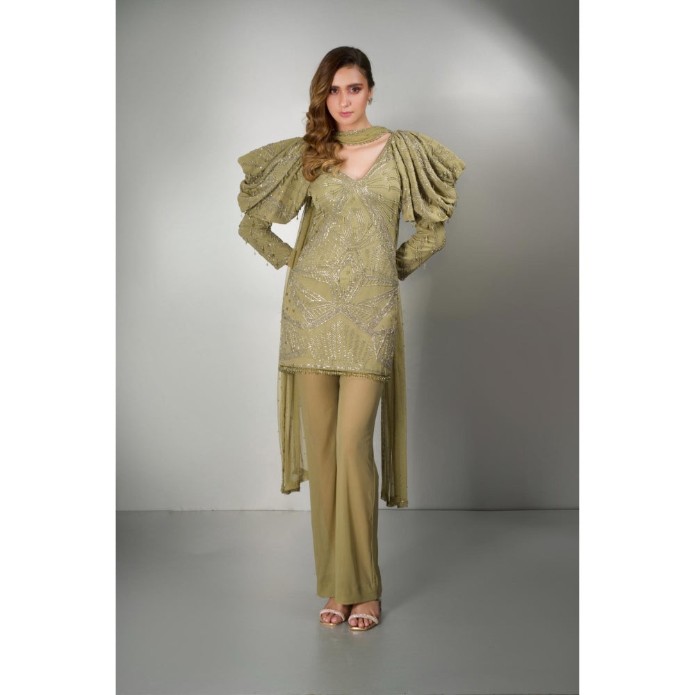 Label Suravika S Olive Embellished/Sequined Olivia Tunic with Pant and Dupatta (Set of 3)