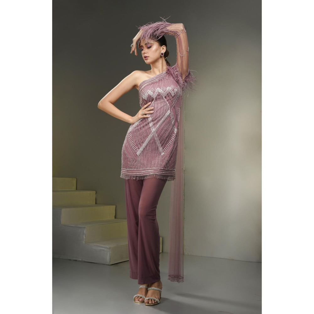 Label Suravika S Mauve Embellished/Sequined Genelia Attached Dupatta Tunic with Pant (Set of 2)