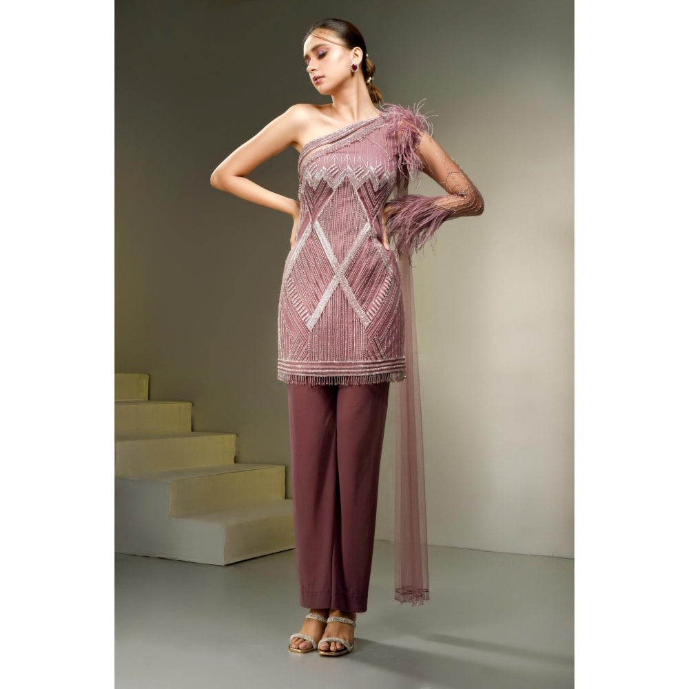 Label Suravika S Mauve Embellished/Sequined Genelia Attached Dupatta Tunic with Pant (Set of 2)