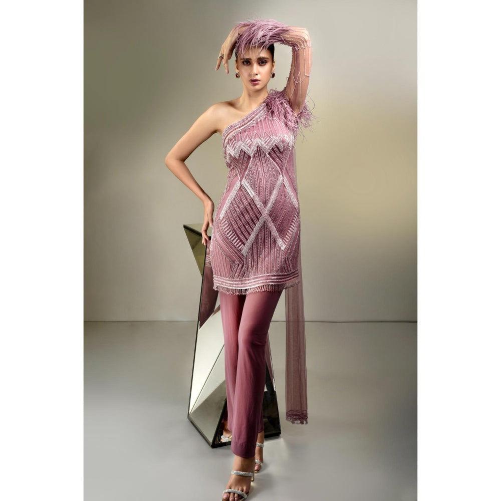 Label Suravika S Mauve Embellished/Sequined Genelia Attached Dupatta Tunic with Pant (Set of 2)