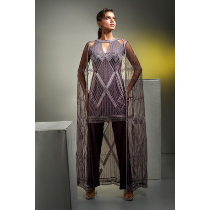 Label Suravika S Wine Embellished/Sequined Perini Tunic with Pant and Cape (Set of 3)