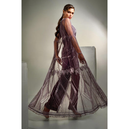 Label Suravika S Wine Embellished/Sequined Perini Tunic with Pant and Cape (Set of 3)