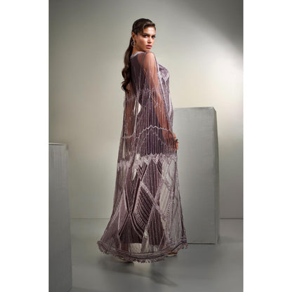 Label Suravika S Wine Embellished/Sequined Perini Tunic with Pant and Cape (Set of 3)