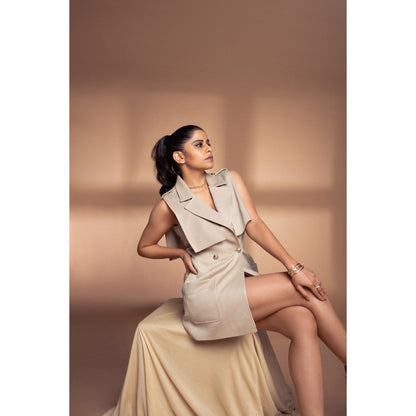 Label Suravika S Beige Safari Shorts with Blazer (Set of 2)