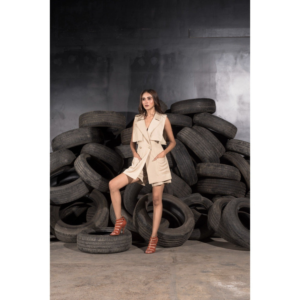 Label Suravika S Beige Safari Shorts with Blazer (Set of 2)