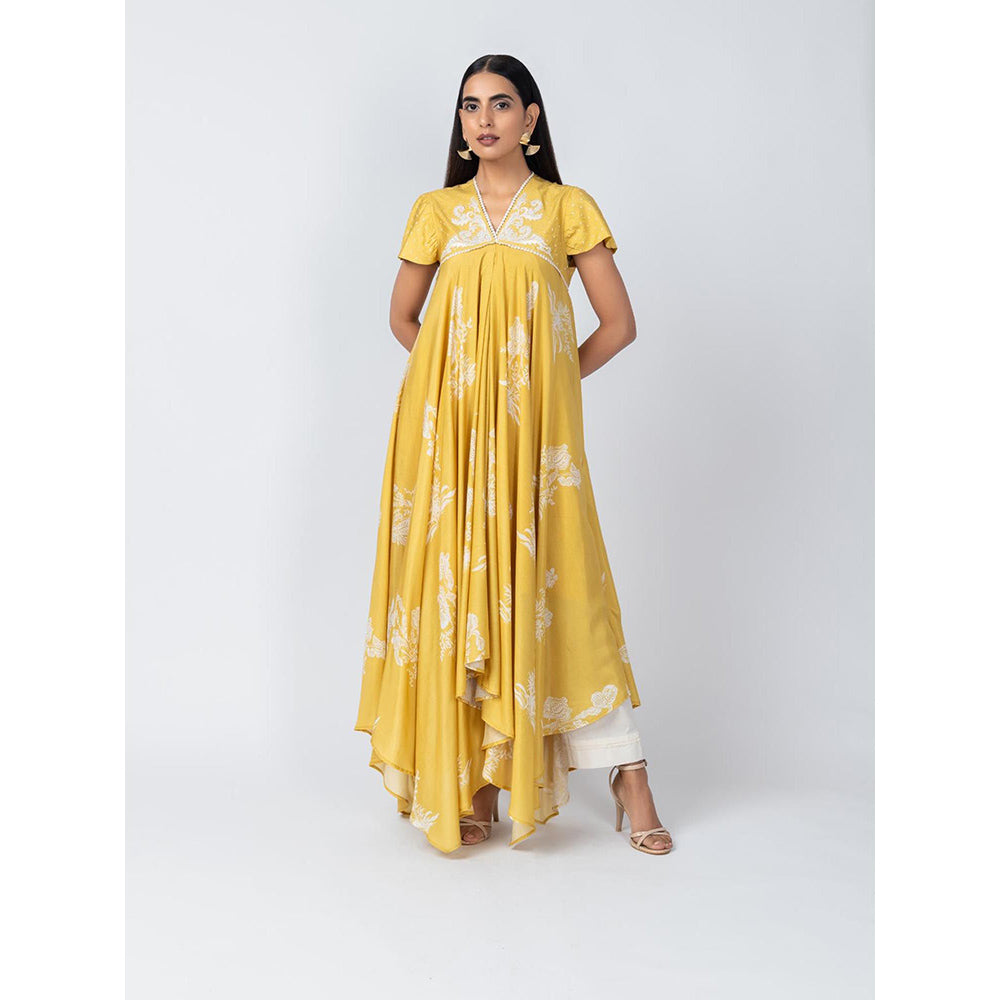 LABEL NAARITI Noor Floral Embroidered Yellow Anarkali Kurta with Pant (Set of 2)
