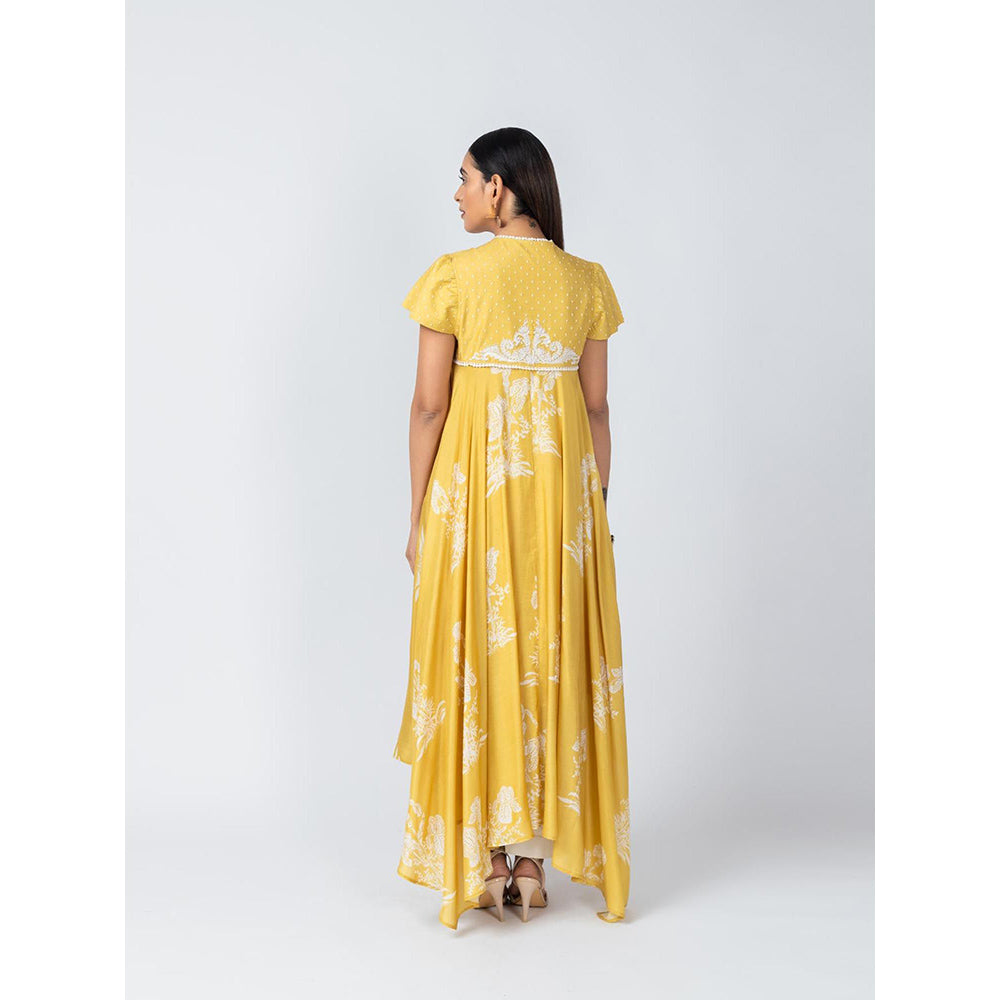 LABEL NAARITI Noor Floral Embroidered Yellow Anarkali Kurta with Pant (Set of 2)