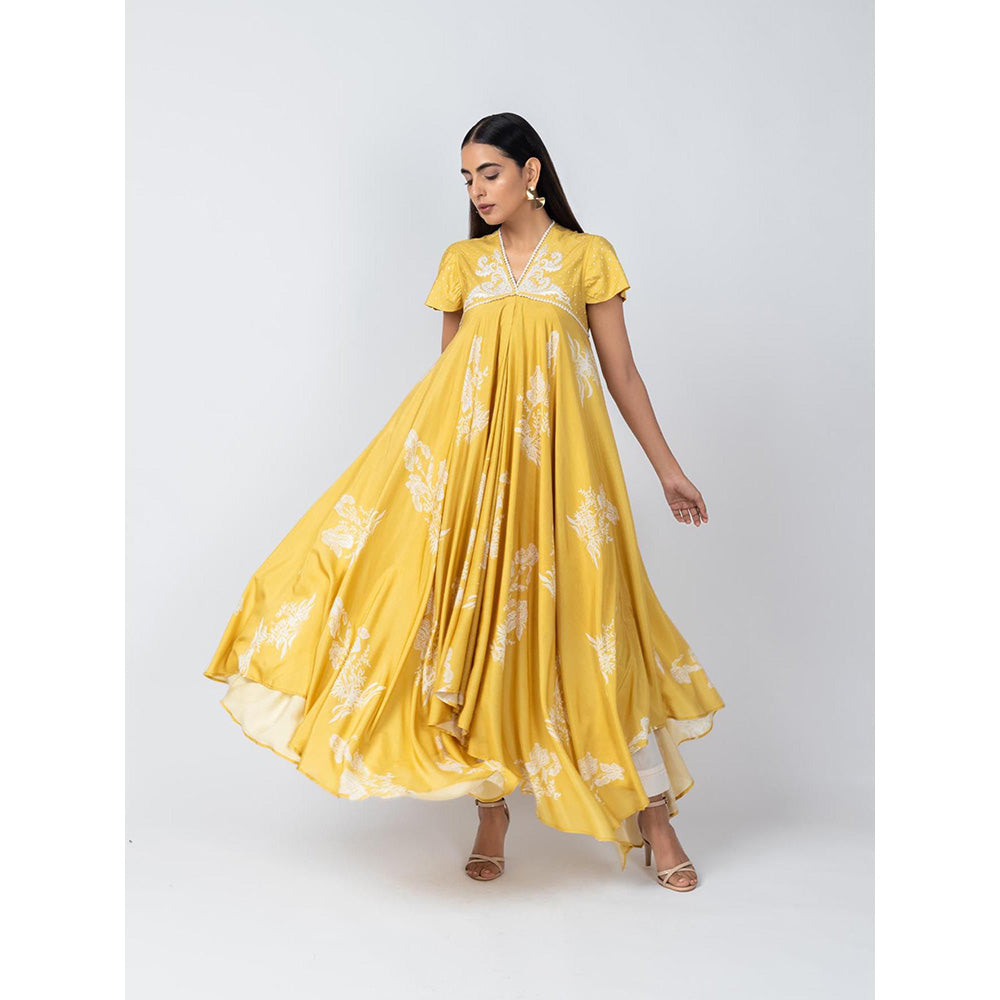 LABEL NAARITI Noor Floral Embroidered Yellow Anarkali Kurta with Pant (Set of 2)