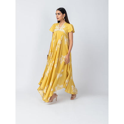 LABEL NAARITI Noor Floral Embroidered Yellow Anarkali Kurta with Pant (Set of 2)