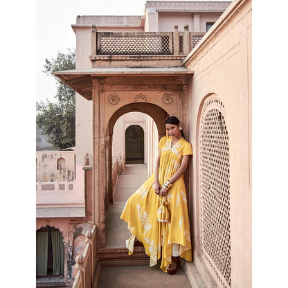 LABEL NAARITI Noor Floral Embroidered Yellow Anarkali Kurta with Pant (Set of 2)