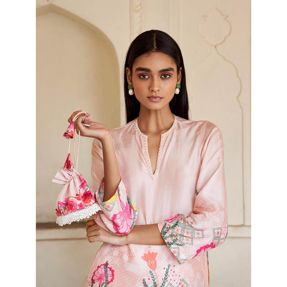 LABEL NAARITI Nirvana Floral Aquatic Motifs Silk Kurti with Pant (Set of 2)