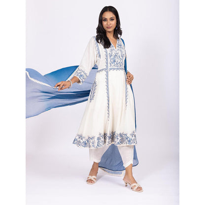 LABEL NAARITI Nargis Linen Anarkali Kurta with Pant and Chiffon Dupatta (Set of 3)