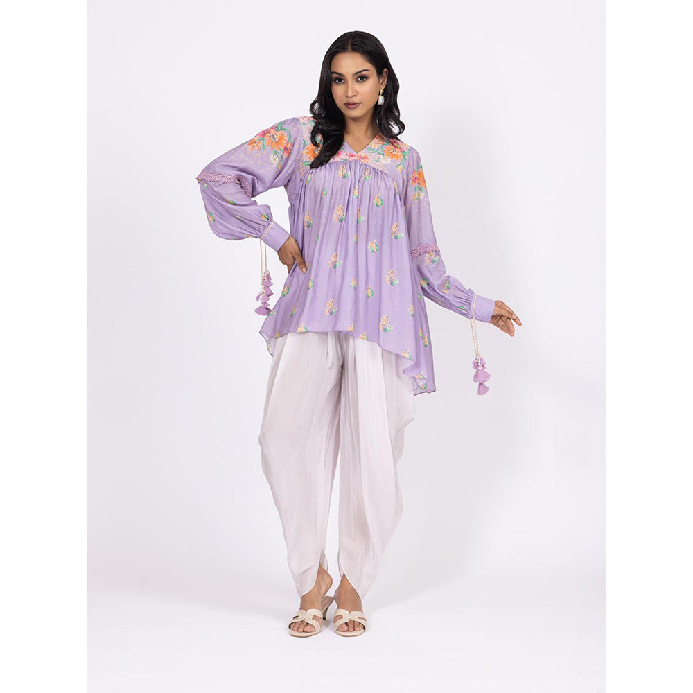LABEL NAARITI Zoya Floral Printed Muslin Top with Lilac Crepe Dhoti (Set of 2)